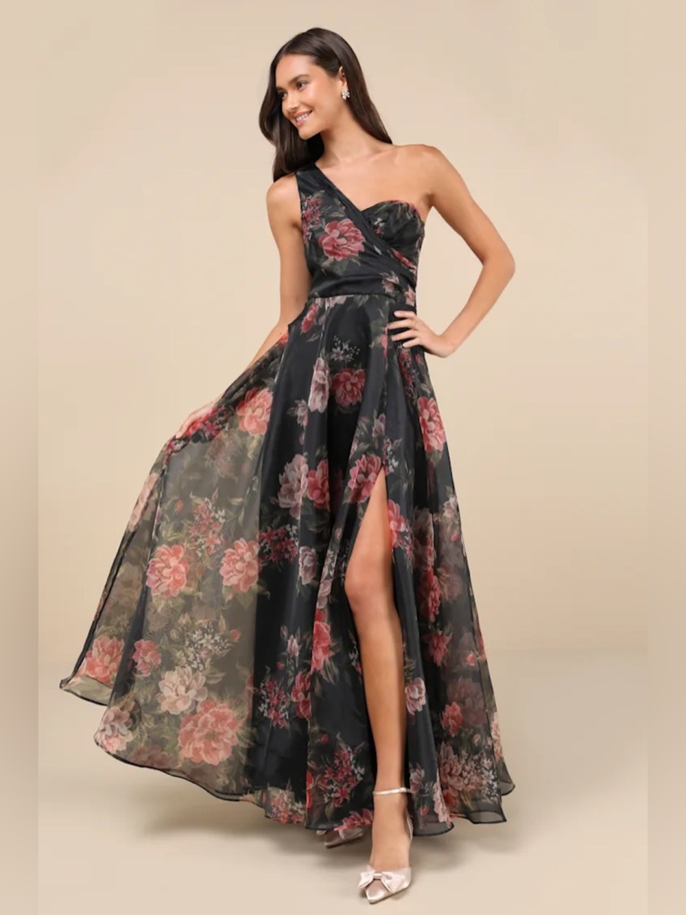 Lulu's Black One-Shoulder Floral Organza Gown